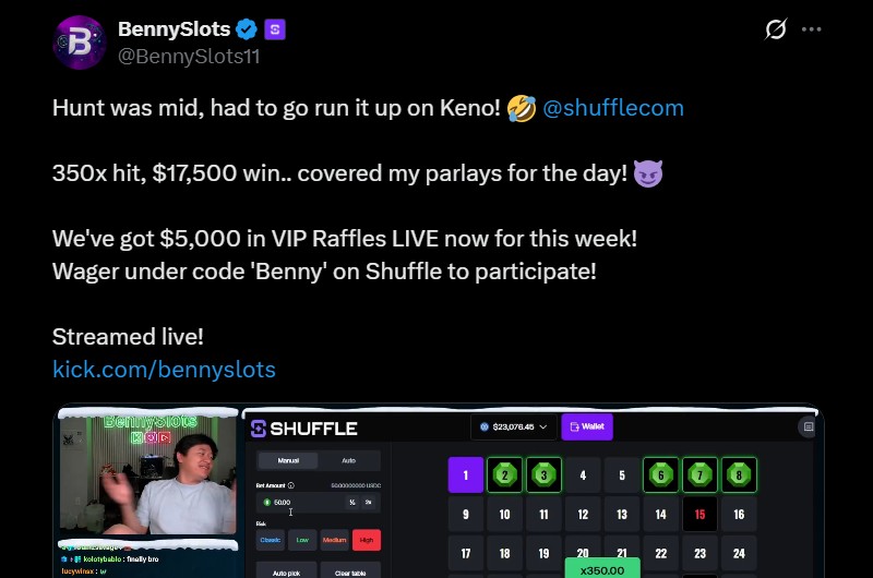 Twitter BennySlots Shuffle Keno Win